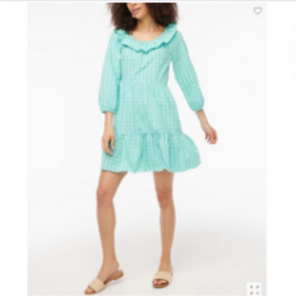 NEW J. Crew Seersucker Ruffleneck Cotton Mini Dress, Aqua Green Blue, SZ 0